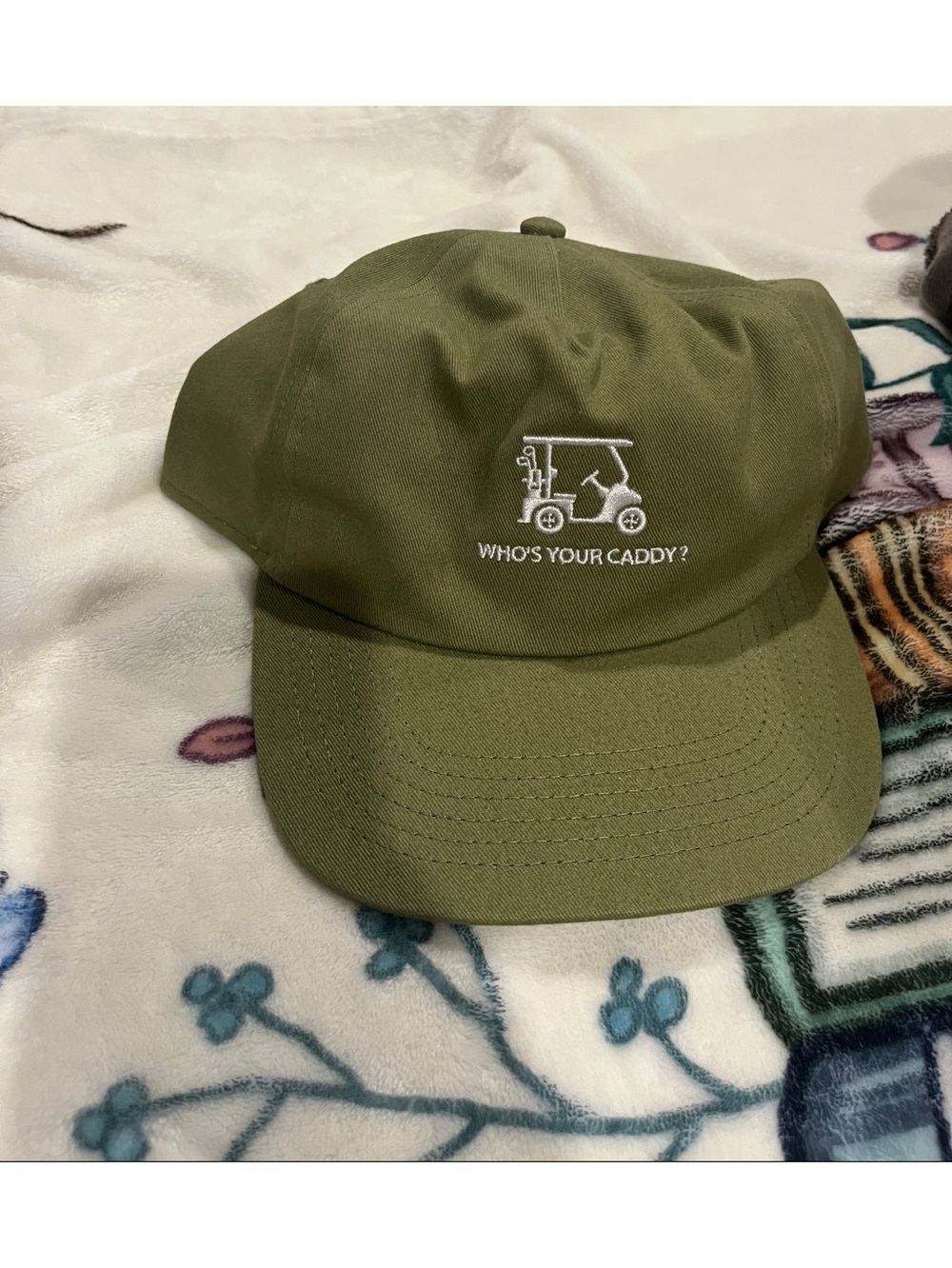 Olive Green Baseball Cap with Embroidered Golf Cart
